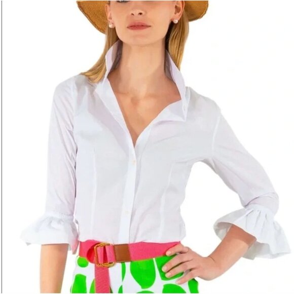 Gretchen Scott Priss Brooks Blouse Button Down Shirt Women's Large Misty New wit - Picture 2 of 4